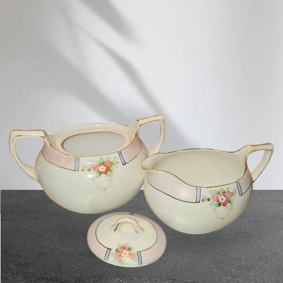 Nippon Hand Painted Cream & Sugar Set With Lid - Floral Design - Picture 3 of 9